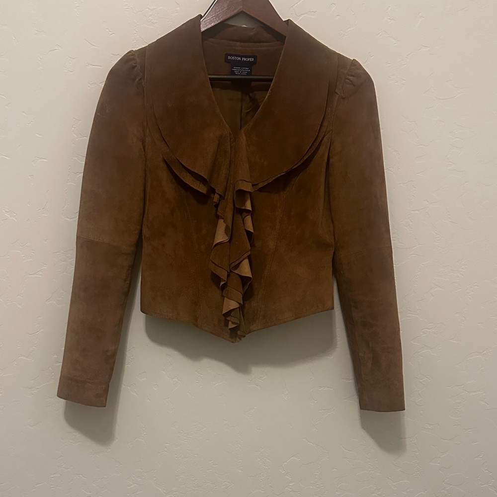 Boston Proper Brown Suede Ruffle-Front Jacket
